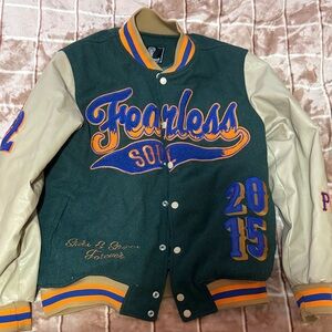 Fearless Soul Emerald Green and Tan Varsity Jacket